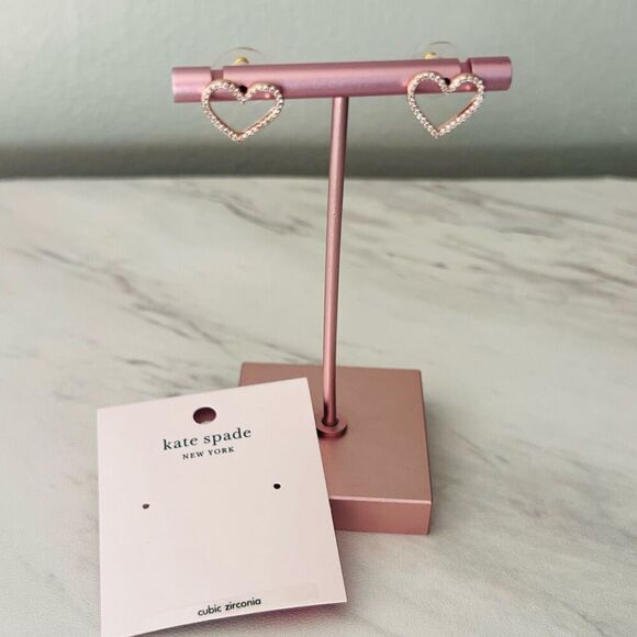 KATE SPADE NEW YORK Pave Heart Stud Earrings, Rose Gold/Diamond Crystal, NWT - Picture 8 of 13